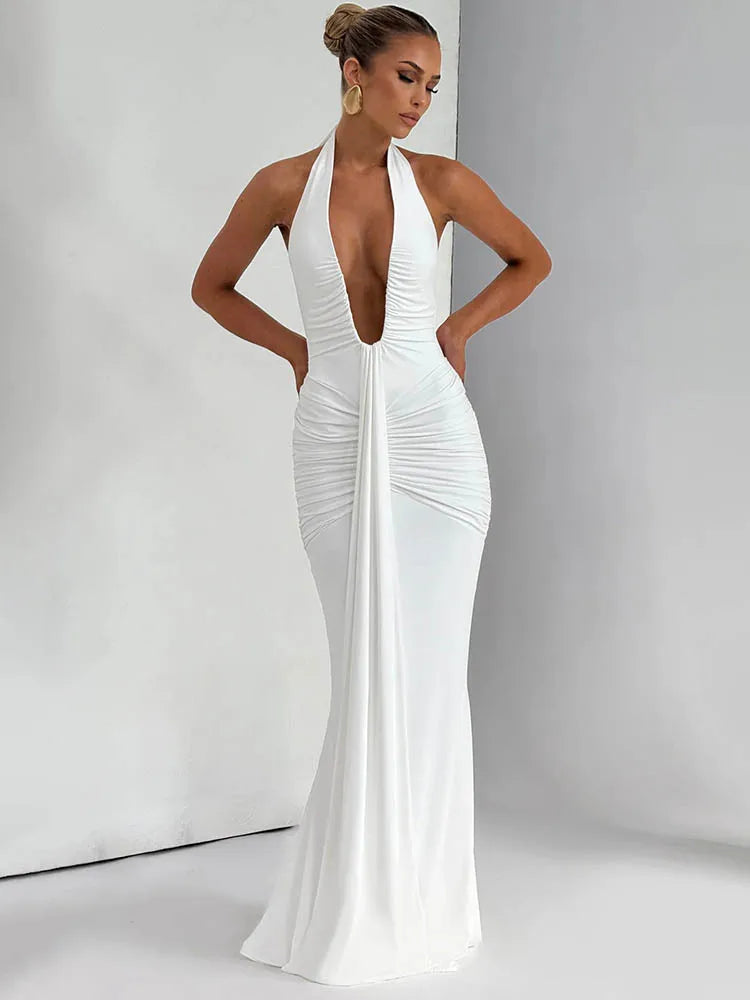 Elysian Elegance – Deep V Maxi Dress