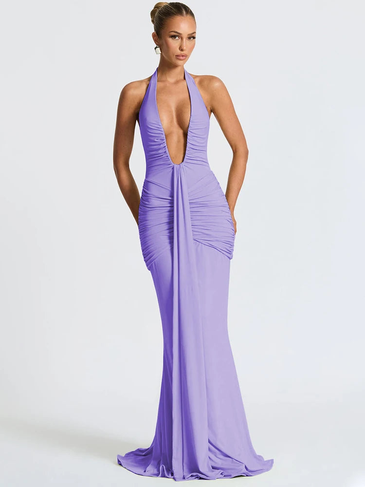 Elysian Elegance – Deep V Maxi Dress